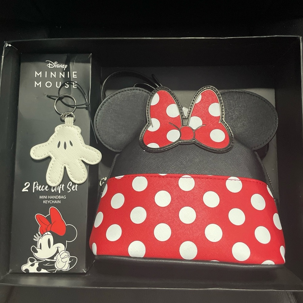 Disney Minnie Mouse Mini Hand Bag 2 Pcs Gift Set Minnie Glove Keychain Purse/NEW